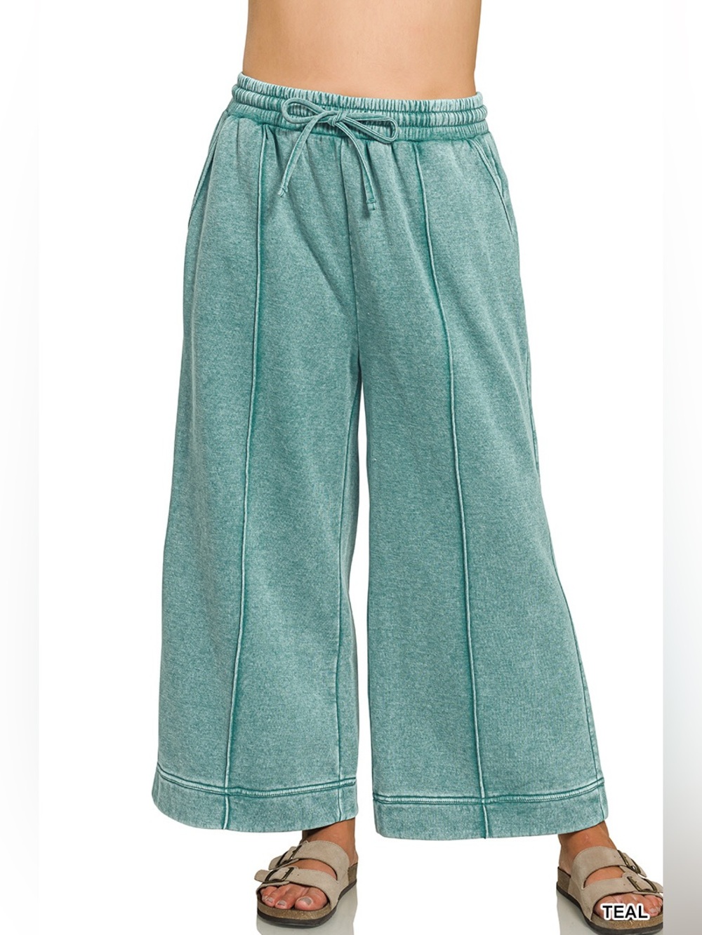 Zenana PLUS Teal Acid Washed Fleece Pintuck Wide Leg Cropped Pants